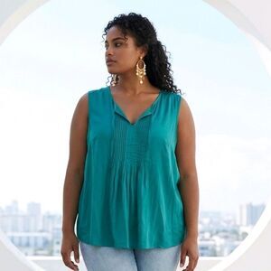 Woman Within Teal Plus Size Sleeveless Notch-Neck Tunic 3X 30/32 Pleated Blouse